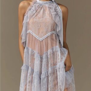 Anthropologie Sheer Lace Halter Dress in Pale Blue